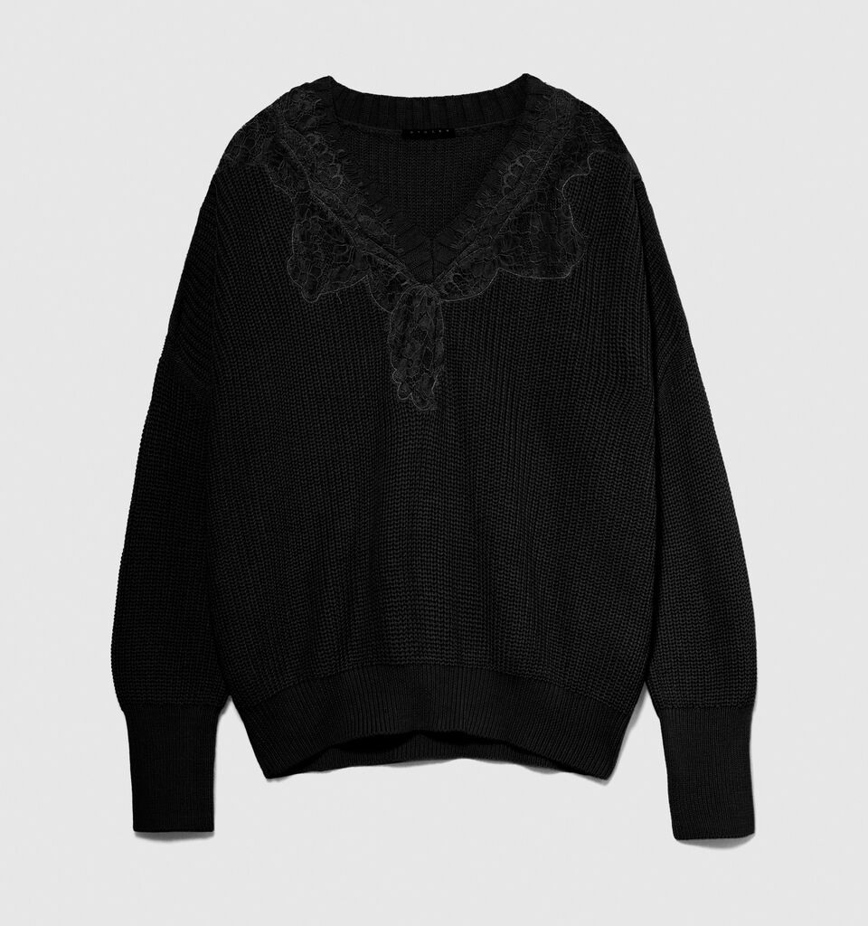 Sweater with lace - women's v-neck sweaters - Black | Sisley image number 6